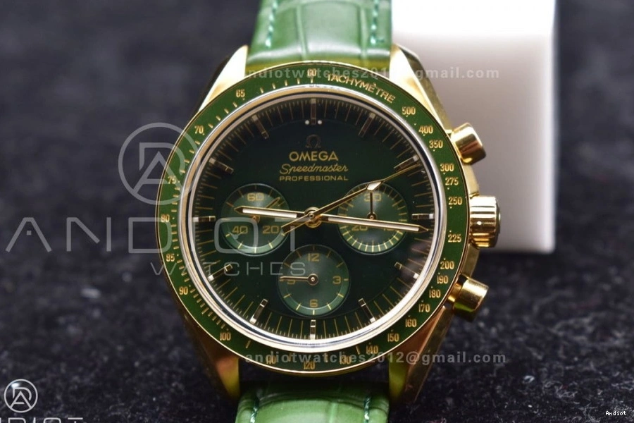 Gold Green Manual Speedmaster Green YG in Dial Chrono Strap Leather on RMF Moonshine Moonwatch Edition Best 0701